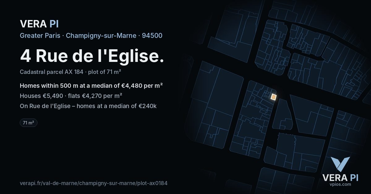 4 Rue de l'Eglise, Champigny-sur-Marne at night – the plot lit, the parcels around coloured by the prices near them