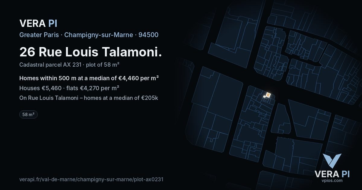 26 Rue Louis Talamoni, Champigny-sur-Marne at night – the plot lit, the parcels around coloured by the prices near them