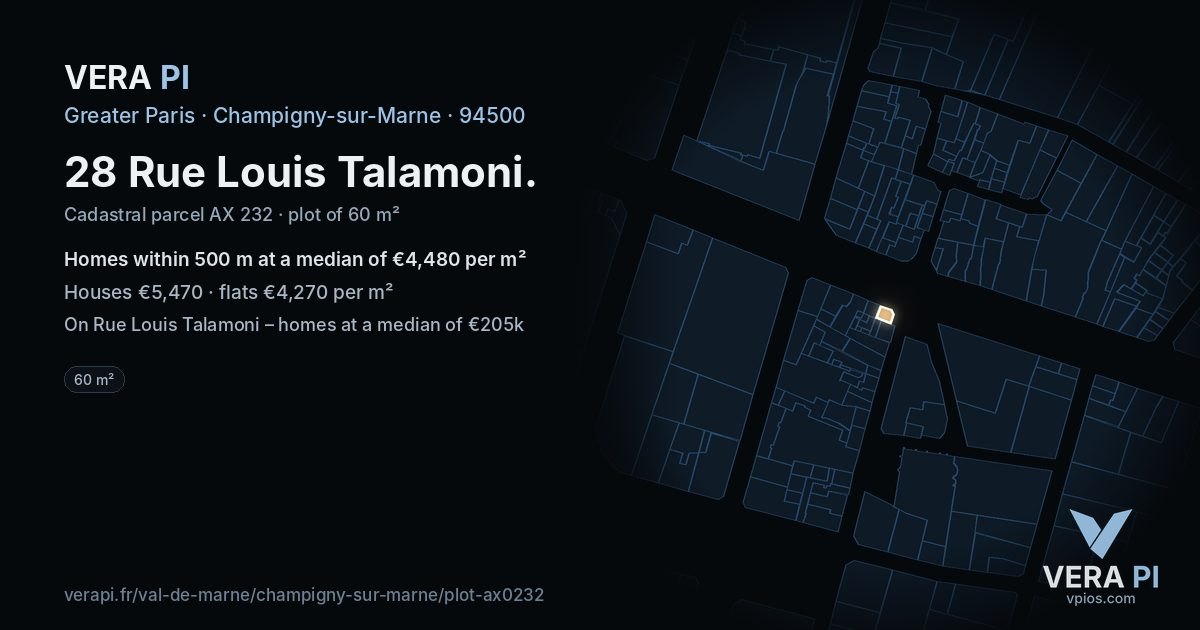 28 Rue Louis Talamoni, Champigny-sur-Marne at night – the plot lit, the parcels around coloured by the prices near them