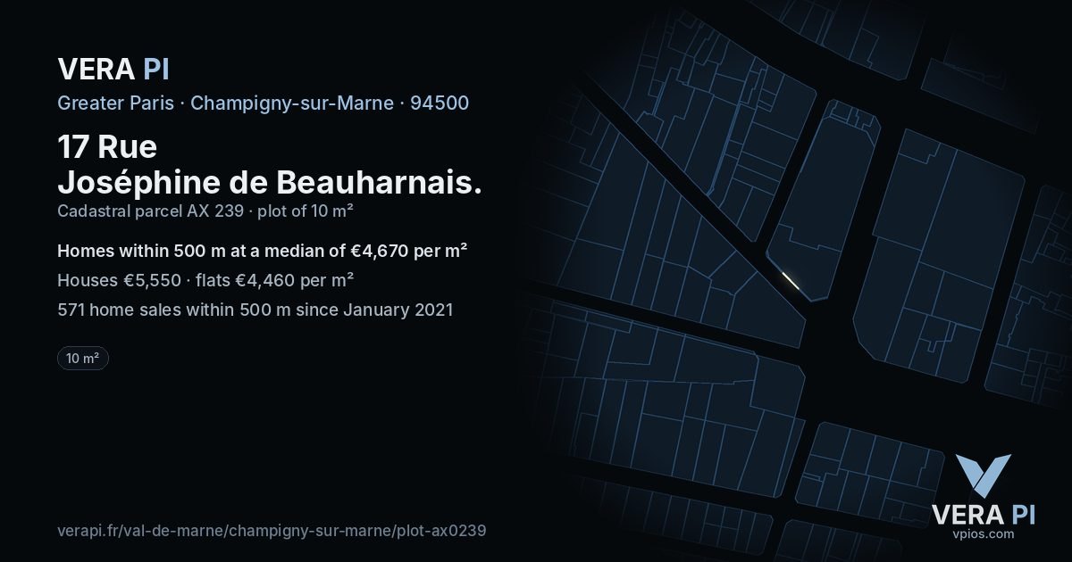 17 Rue Joséphine de Beauharnais, Champigny-sur-Marne at night – the plot lit, the parcels around coloured by the prices near them