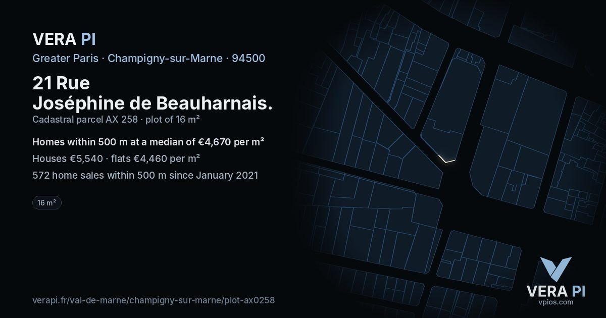 21 Rue Joséphine de Beauharnais, Champigny-sur-Marne at night – the plot lit, the parcels around coloured by the prices near them