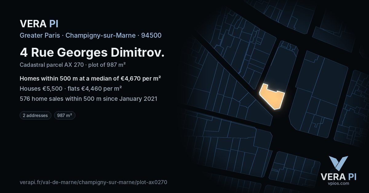 4 Rue Georges Dimitrov, Champigny-sur-Marne at night – the plot lit, the parcels around coloured by the prices near them