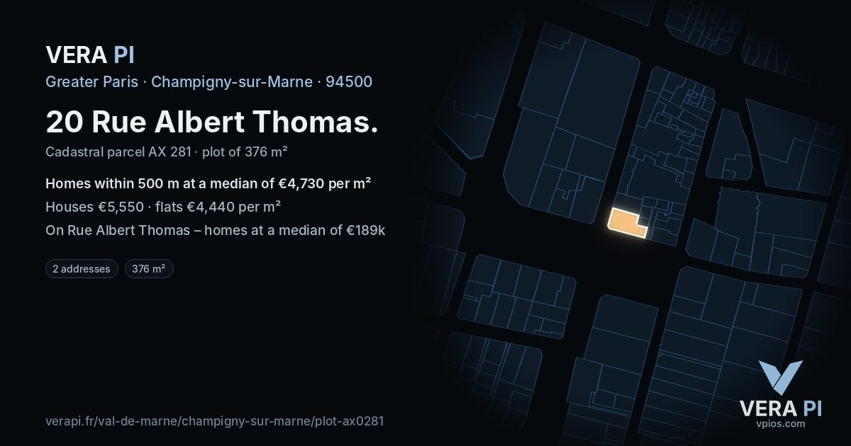 20 Rue Albert Thomas, Champigny-sur-Marne at night – the plot lit, the parcels around coloured by the prices near them