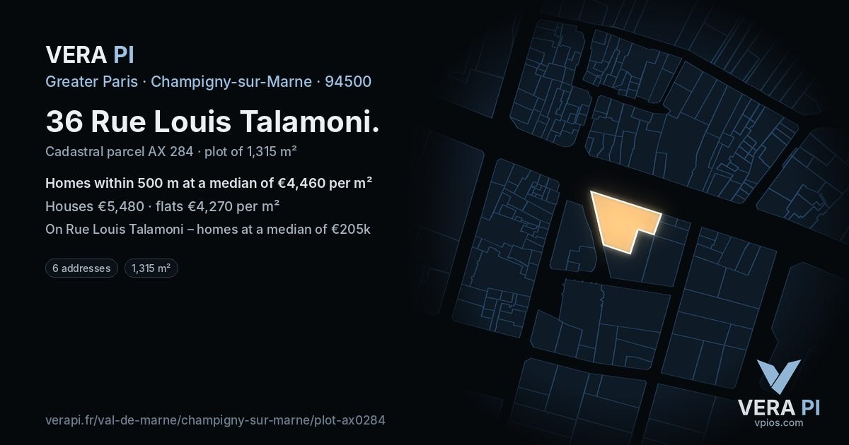 36 Rue Louis Talamoni, Champigny-sur-Marne at night – the plot lit, the parcels around coloured by the prices near them