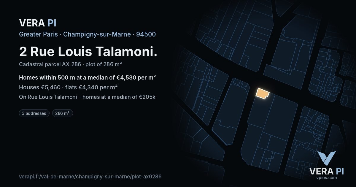 2 Rue Louis Talamoni, Champigny-sur-Marne at night – the plot lit, the parcels around coloured by the prices near them