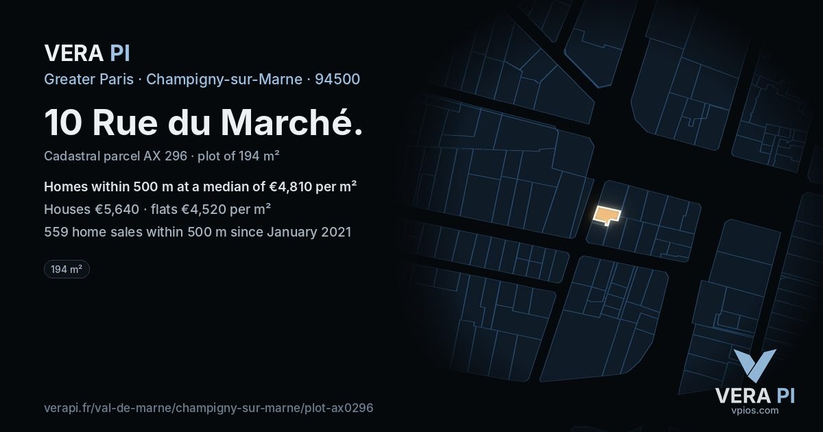 10 Rue du Marché, Champigny-sur-Marne at night – the plot lit, the parcels around coloured by the prices near them