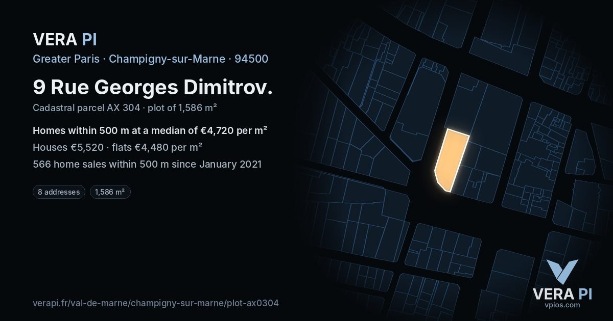 9 Rue Georges Dimitrov, Champigny-sur-Marne at night – the plot lit, the parcels around coloured by the prices near them