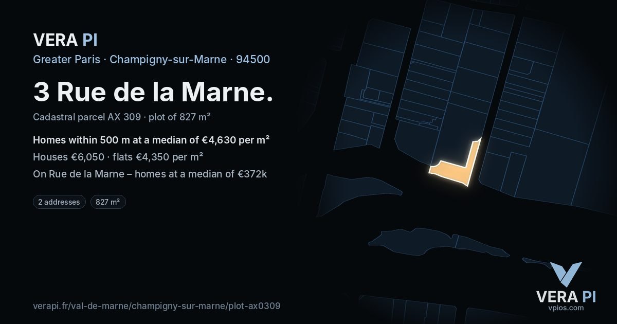 3 Rue de la Marne, Champigny-sur-Marne at night – the plot lit, the parcels around coloured by the prices near them