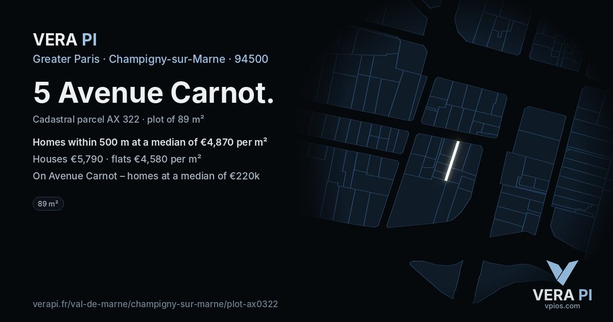 5 Avenue Carnot, Champigny-sur-Marne at night – the plot lit, the parcels around coloured by the prices near them