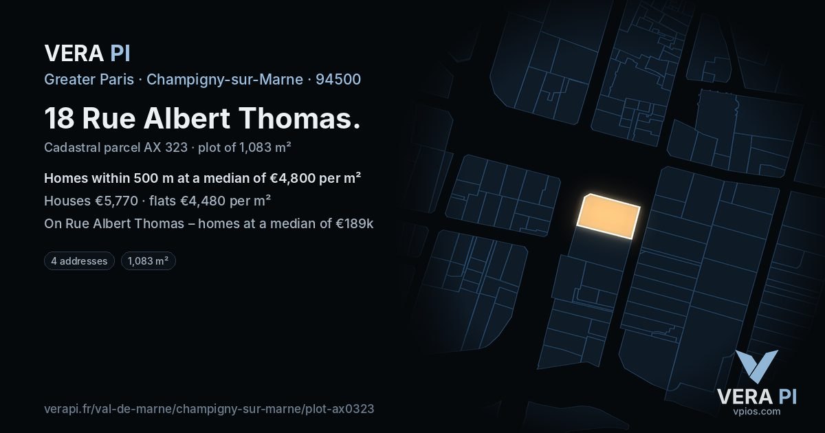 18 Rue Albert Thomas, Champigny-sur-Marne at night – the plot lit, the parcels around coloured by the prices near them