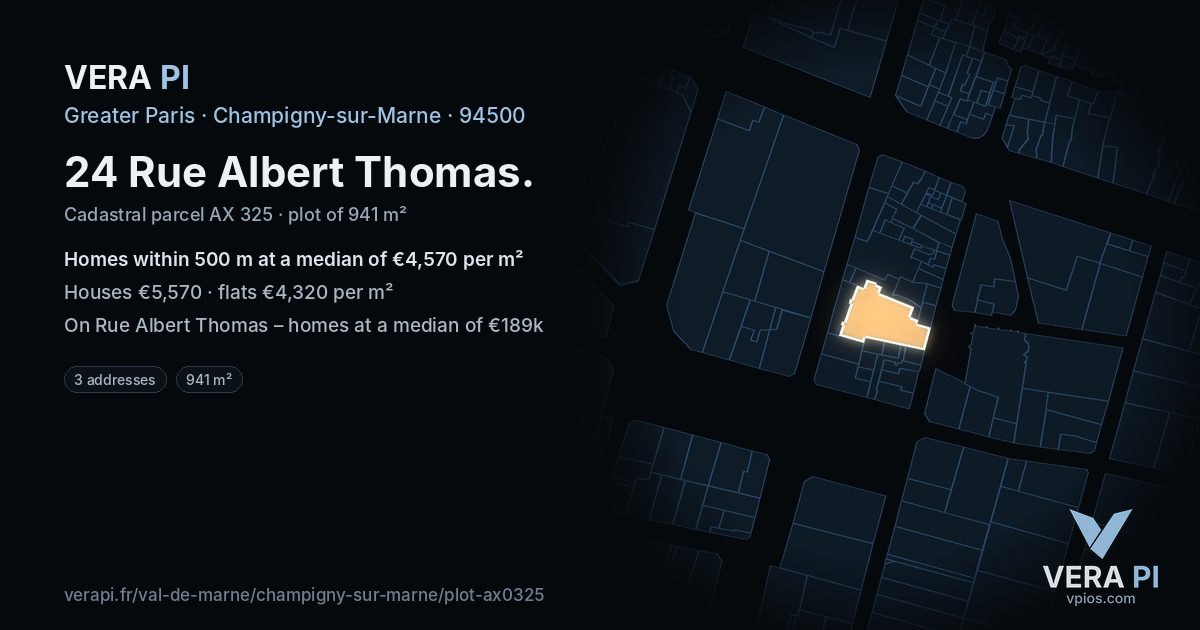24 Rue Albert Thomas, Champigny-sur-Marne at night – the plot lit, the parcels around coloured by the prices near them