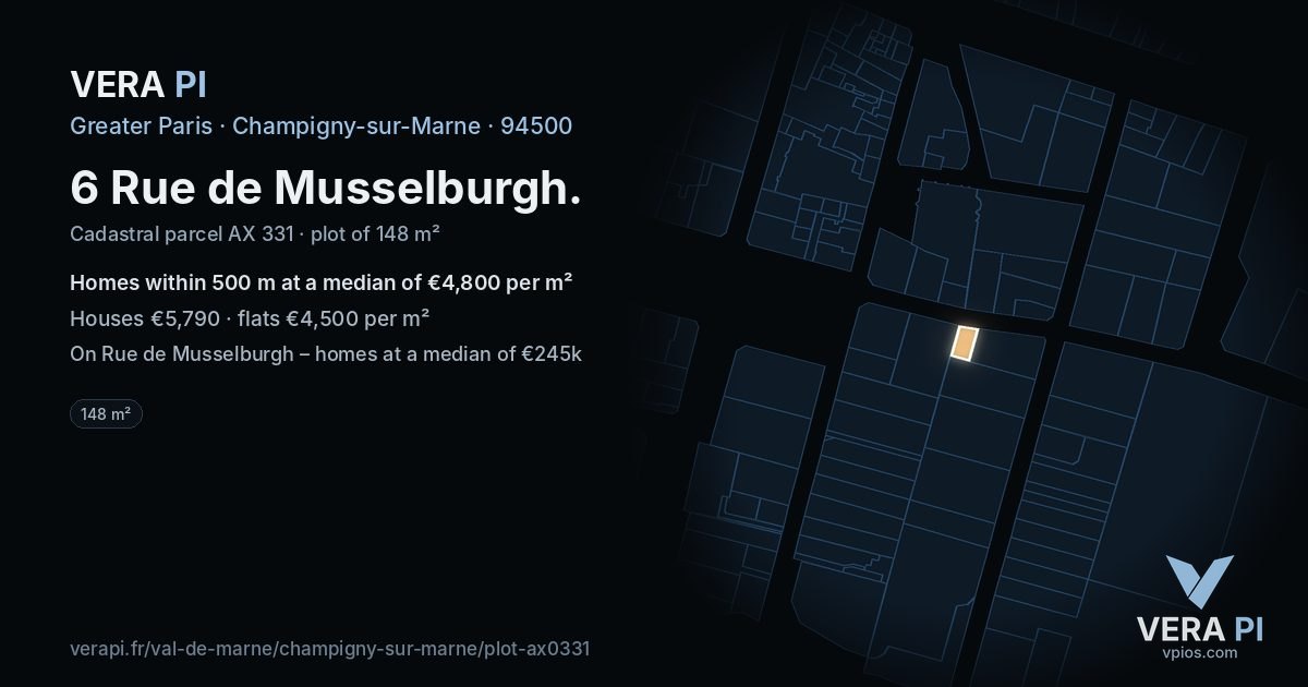 6 Rue de Musselburgh, Champigny-sur-Marne at night – the plot lit, the parcels around coloured by the prices near them