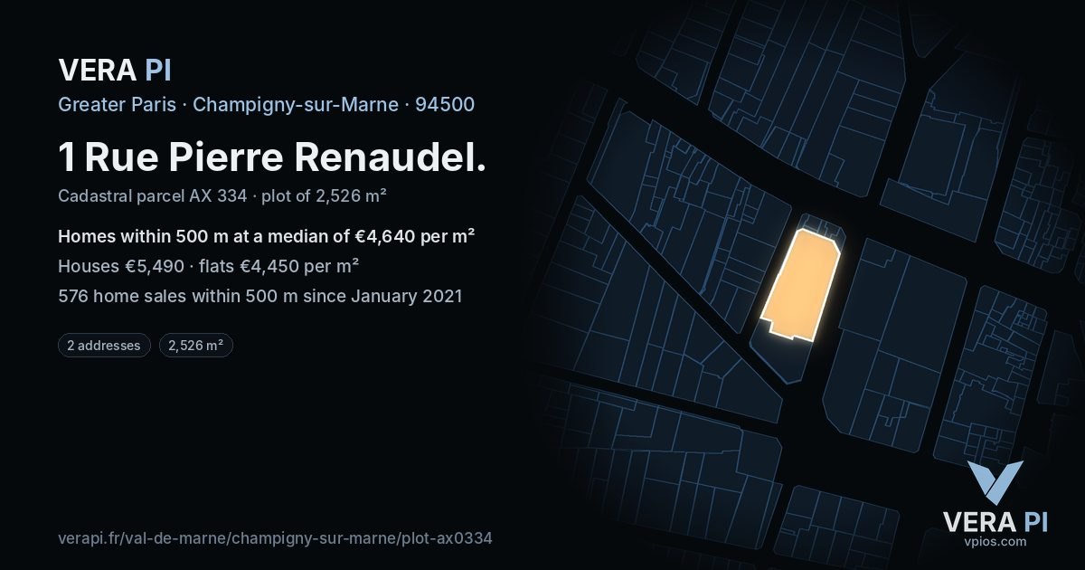1 Rue Pierre Renaudel, Champigny-sur-Marne at night – the plot lit, the parcels around coloured by the prices near them