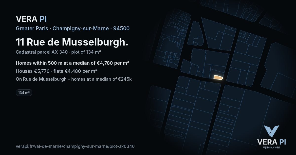 11 Rue de Musselburgh, Champigny-sur-Marne at night – the plot lit, the parcels around coloured by the prices near them