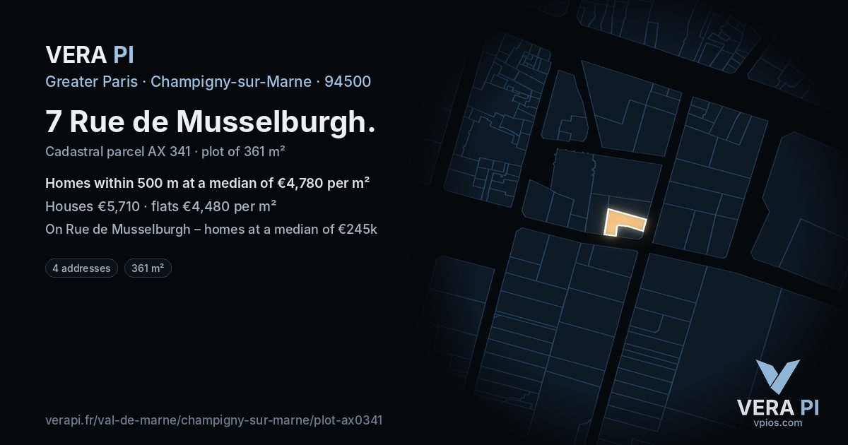 7 Rue de Musselburgh, Champigny-sur-Marne at night – the plot lit, the parcels around coloured by the prices near them