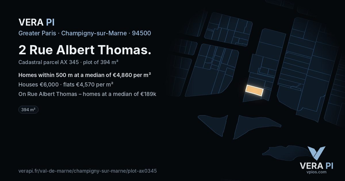 2 Rue Albert Thomas, Champigny-sur-Marne at night – the plot lit, the parcels around coloured by the prices near them