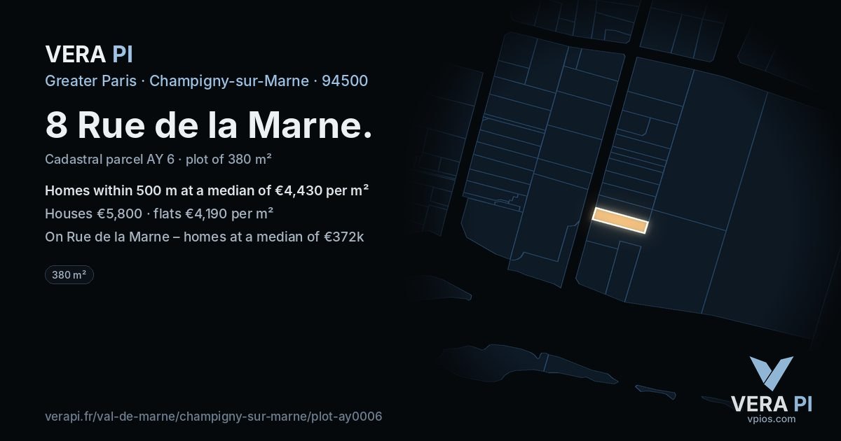 8 Rue de la Marne, Champigny-sur-Marne at night – the plot lit, the parcels around coloured by the prices near them