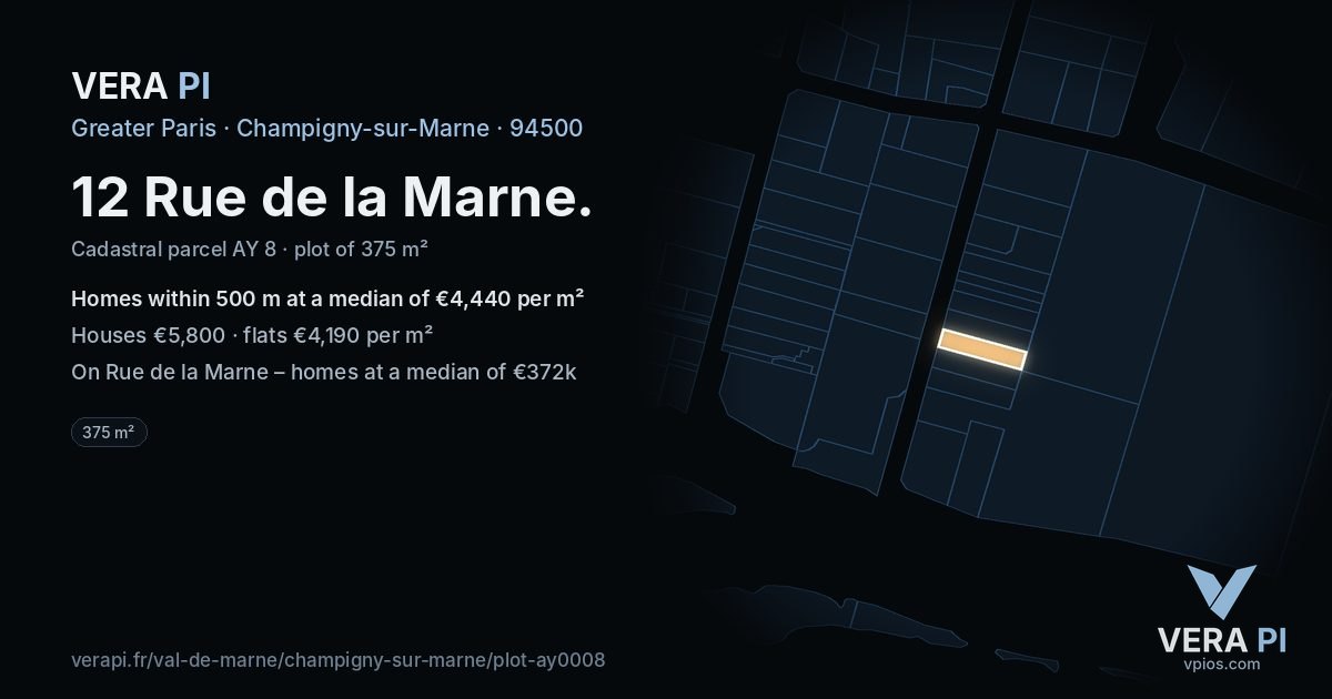 12 Rue de la Marne, Champigny-sur-Marne at night – the plot lit, the parcels around coloured by the prices near them