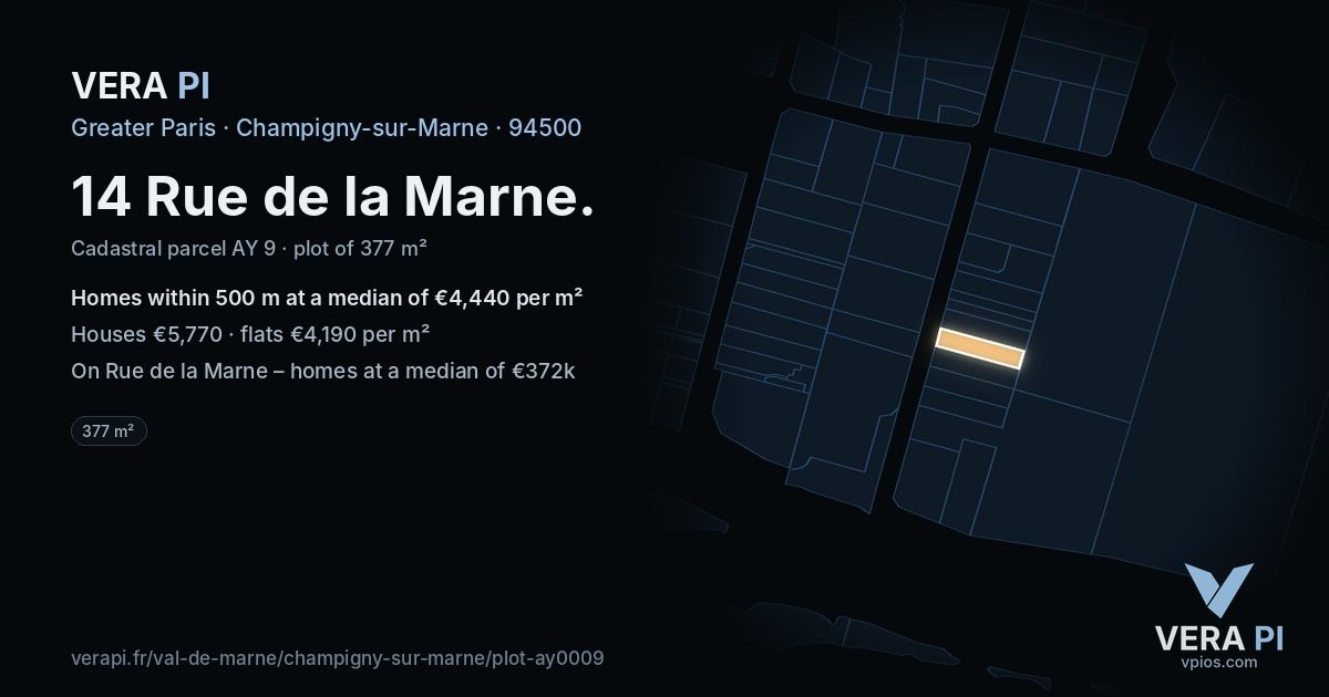 14 Rue de la Marne, Champigny-sur-Marne at night – the plot lit, the parcels around coloured by the prices near them