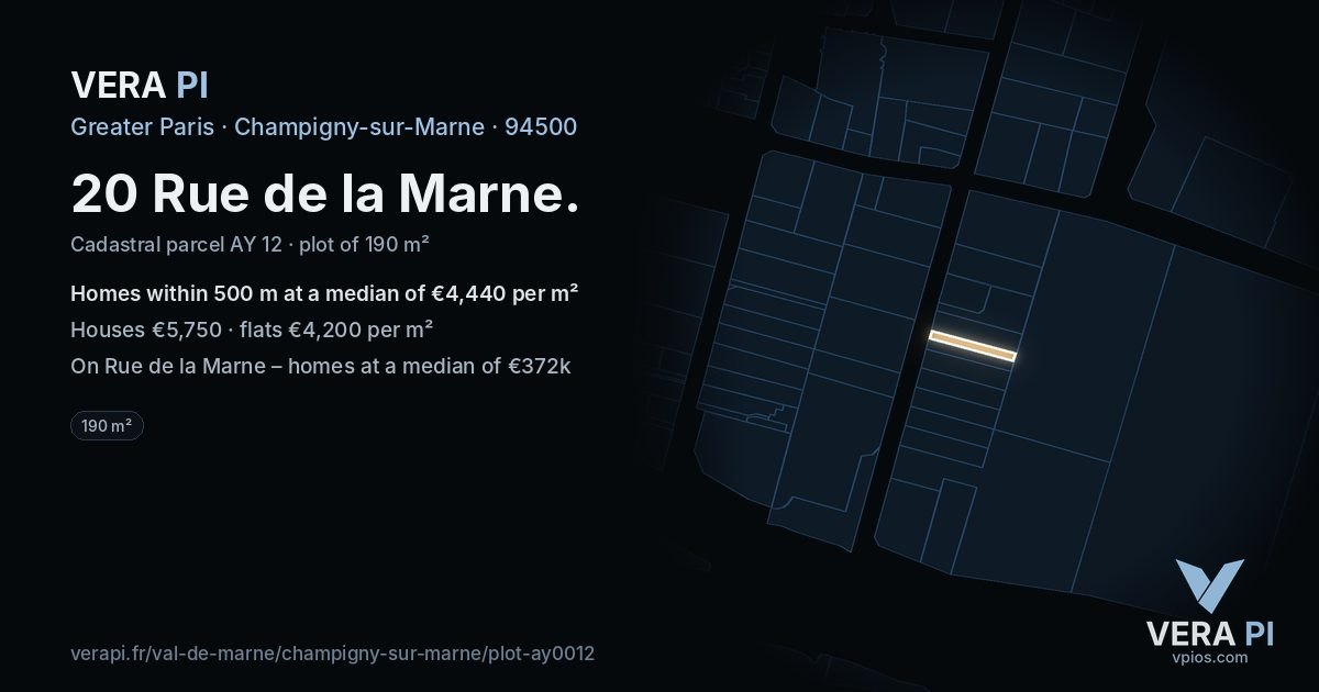 20 Rue de la Marne, Champigny-sur-Marne at night – the plot lit, the parcels around coloured by the prices near them