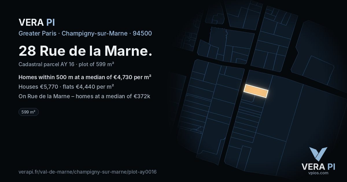 28 Rue de la Marne, Champigny-sur-Marne at night – the plot lit, the parcels around coloured by the prices near them