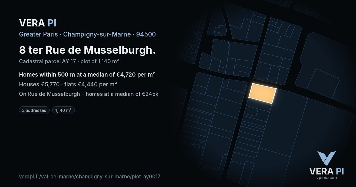 8 ter Rue de Musselburgh, Champigny-sur-Marne at night – the plot lit, the parcels around coloured by the prices near them