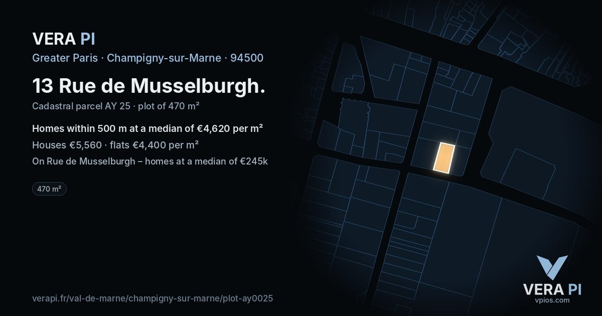 13 Rue de Musselburgh, Champigny-sur-Marne at night – the plot lit, the parcels around coloured by the prices near them