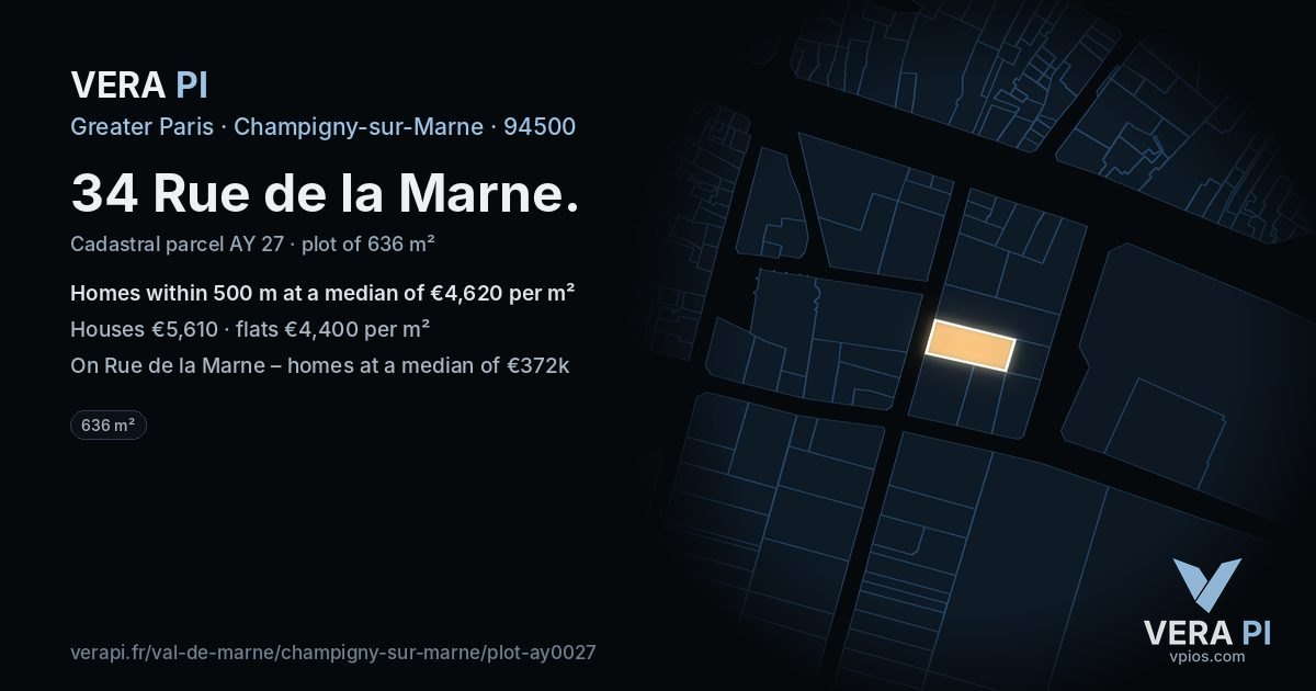 34 Rue de la Marne, Champigny-sur-Marne at night – the plot lit, the parcels around coloured by the prices near them