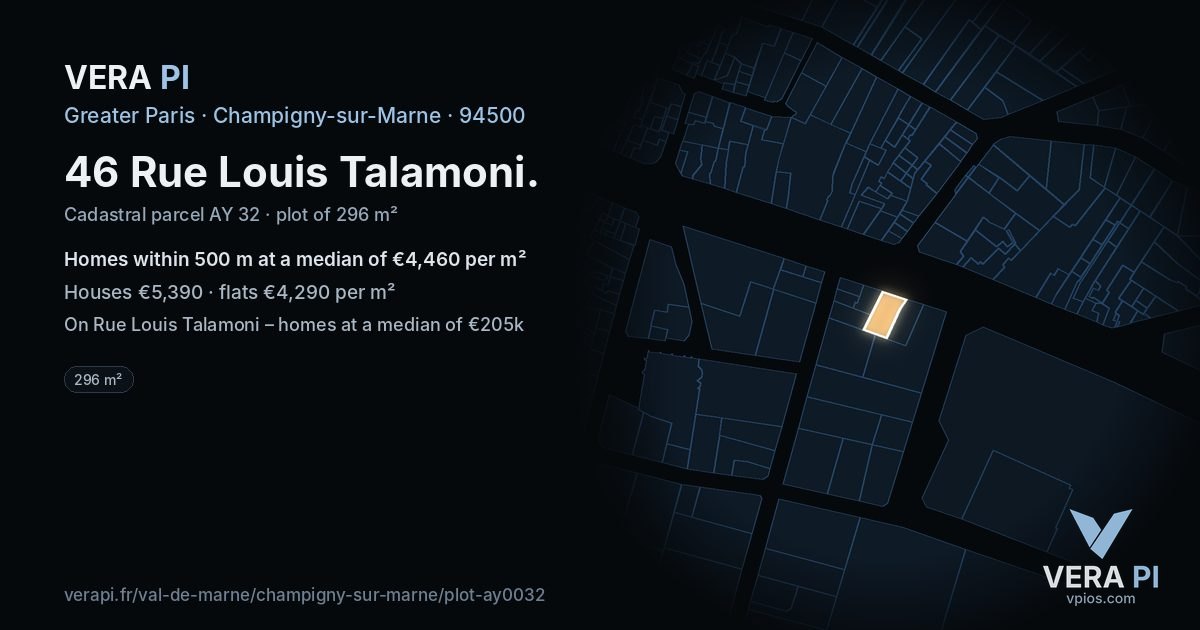 46 Rue Louis Talamoni, Champigny-sur-Marne at night – the plot lit, the parcels around coloured by the prices near them