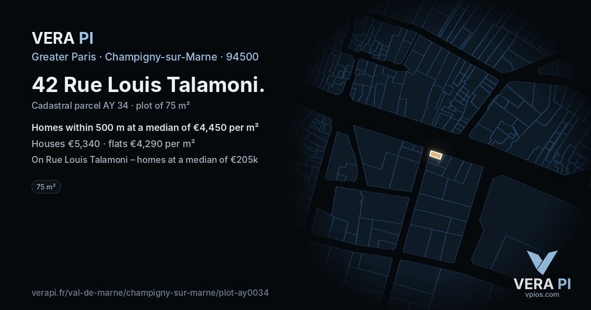 42 Rue Louis Talamoni, Champigny-sur-Marne at night – the plot lit, the parcels around coloured by the prices near them