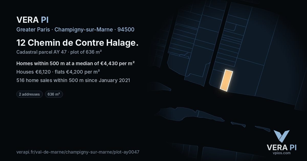 12 Chemin de Contre Halage, Champigny-sur-Marne at night – the plot lit, the parcels around coloured by the prices near them