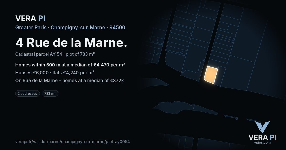 4 Rue de la Marne, Champigny-sur-Marne at night – the plot lit, the parcels around coloured by the prices near them