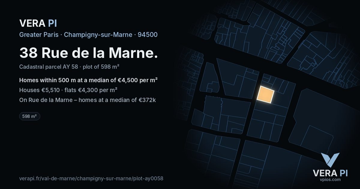 38 Rue de la Marne, Champigny-sur-Marne at night – the plot lit, the parcels around coloured by the prices near them