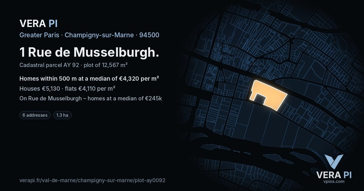 1 Rue de Musselburgh, Champigny-sur-Marne at night – the plot lit, the parcels around coloured by the prices near them