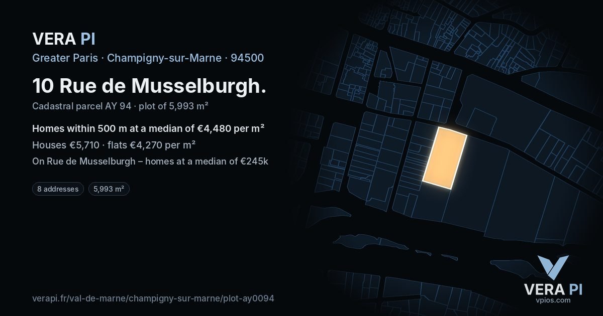 10 Rue de Musselburgh, Champigny-sur-Marne at night – the plot lit, the parcels around coloured by the prices near them