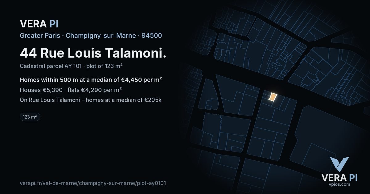 44 Rue Louis Talamoni, Champigny-sur-Marne at night – the plot lit, the parcels around coloured by the prices near them