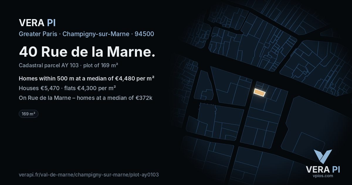 40 Rue de la Marne, Champigny-sur-Marne at night – the plot lit, the parcels around coloured by the prices near them