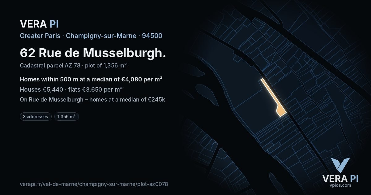 62 Rue de Musselburgh, Champigny-sur-Marne at night – the plot lit, the parcels around coloured by the prices near them