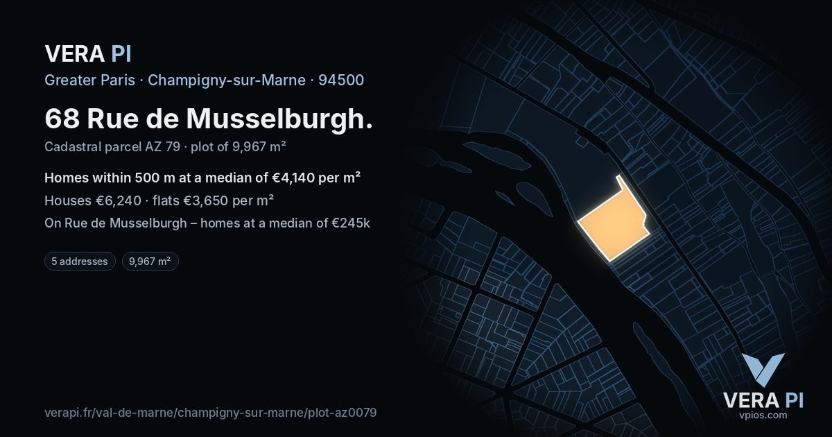 68 Rue de Musselburgh, Champigny-sur-Marne at night – the plot lit, the parcels around coloured by the prices near them