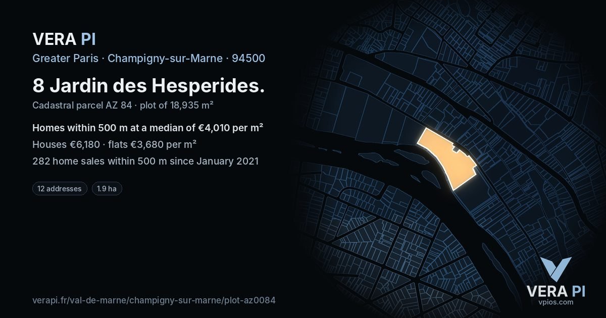 8 Jardin des Hesperides, Champigny-sur-Marne at night – the plot lit, the parcels around coloured by the prices near them