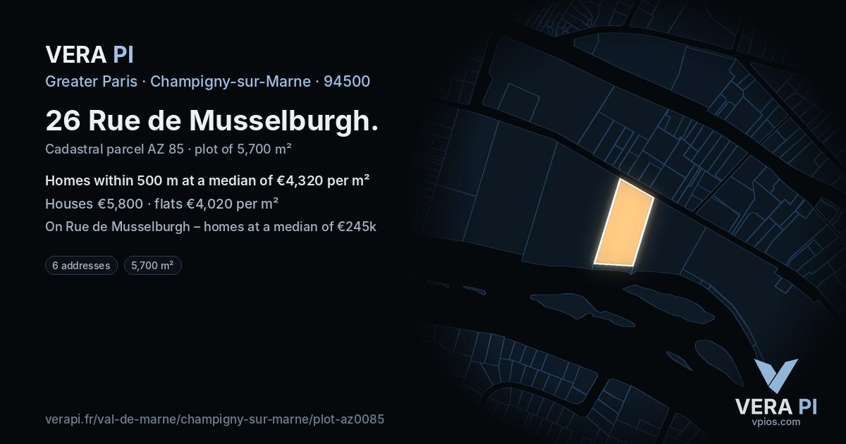 26 Rue de Musselburgh, Champigny-sur-Marne at night – the plot lit, the parcels around coloured by the prices near them