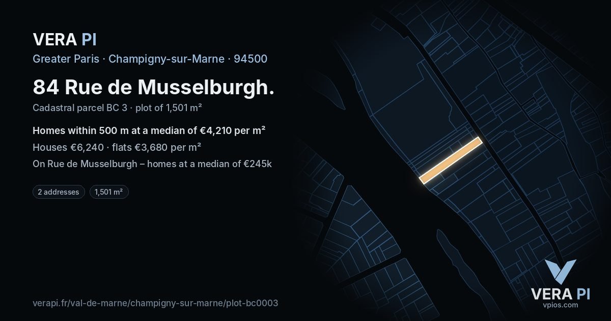 84 Rue de Musselburgh, Champigny-sur-Marne at night – the plot lit, the parcels around coloured by the prices near them