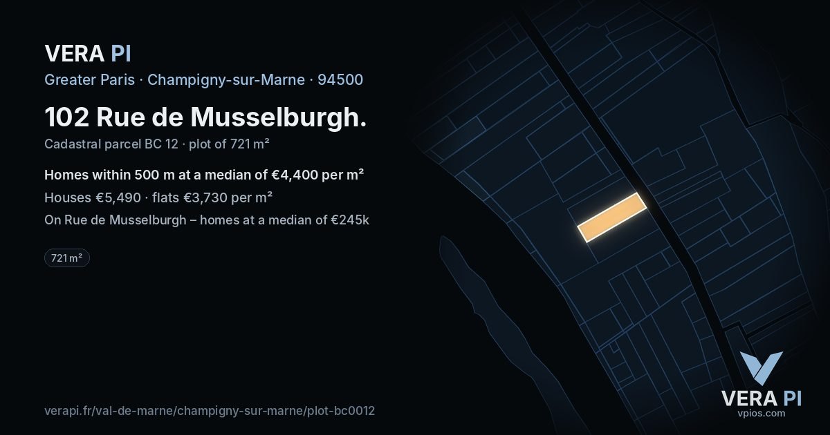 102 Rue de Musselburgh, Champigny-sur-Marne at night – the plot lit, the parcels around coloured by the prices near them
