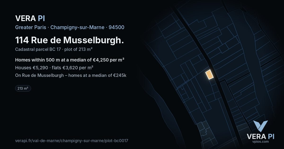 114 Rue de Musselburgh, Champigny-sur-Marne at night – the plot lit, the parcels around coloured by the prices near them