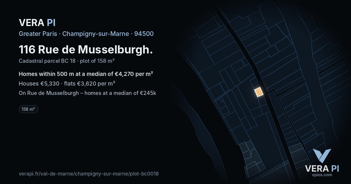 116 Rue de Musselburgh, Champigny-sur-Marne at night – the plot lit, the parcels around coloured by the prices near them