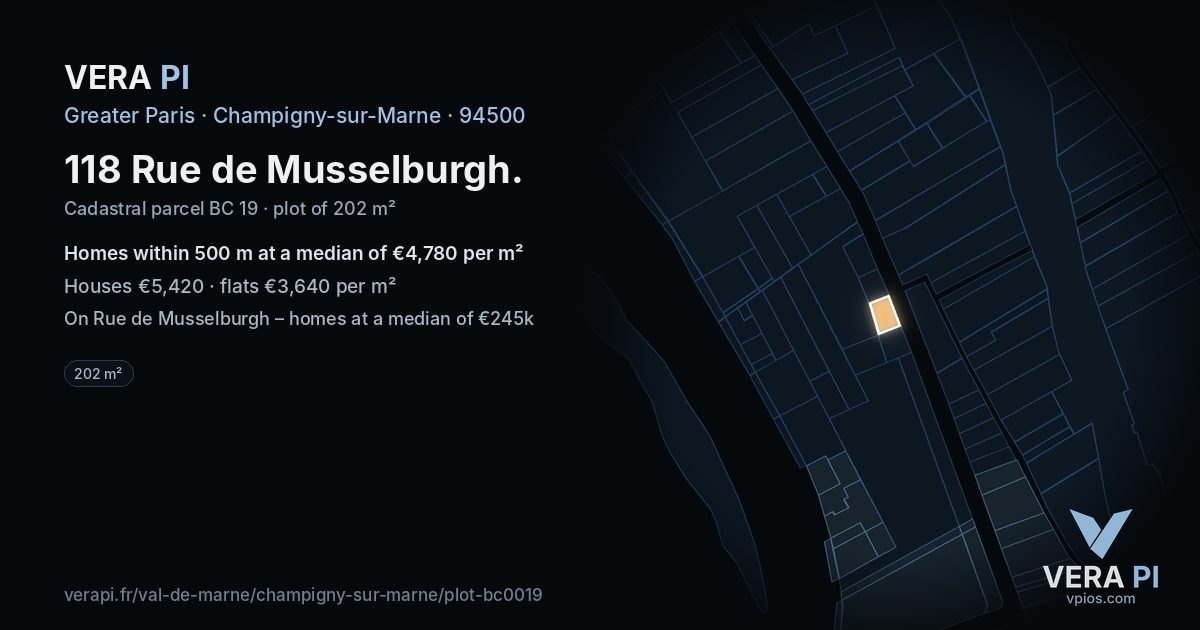 118 Rue de Musselburgh, Champigny-sur-Marne at night – the plot lit, the parcels around coloured by the prices near them