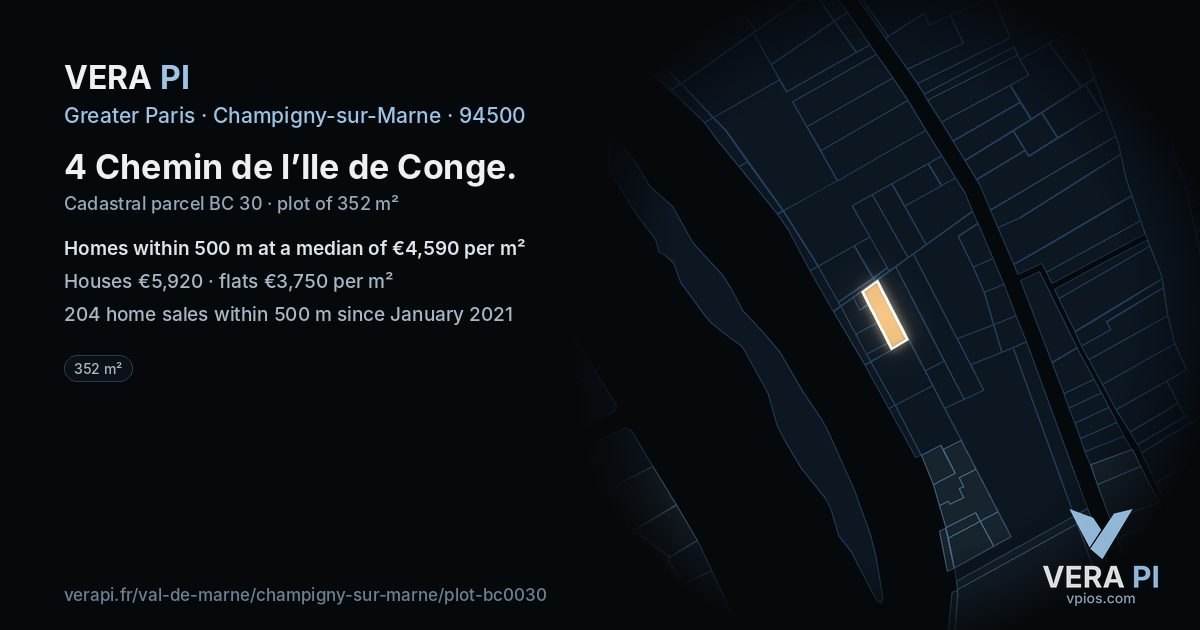 4 Chemin de l’Ile de Conge, Champigny-sur-Marne at night – the plot lit, the parcels around coloured by the prices near them