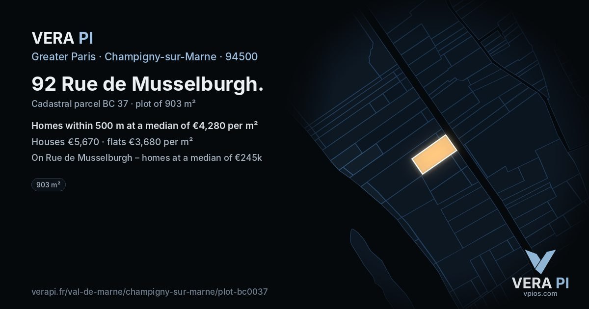 92 Rue de Musselburgh, Champigny-sur-Marne at night – the plot lit, the parcels around coloured by the prices near them