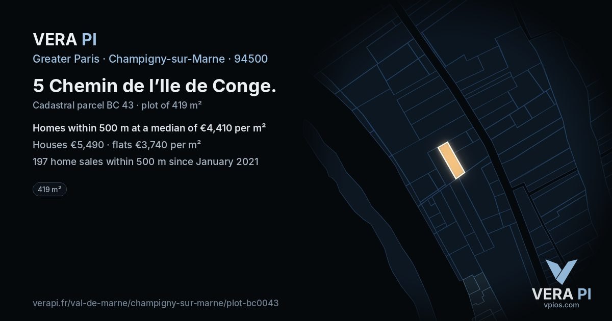5 Chemin de l’Ile de Conge, Champigny-sur-Marne at night – the plot lit, the parcels around coloured by the prices near them