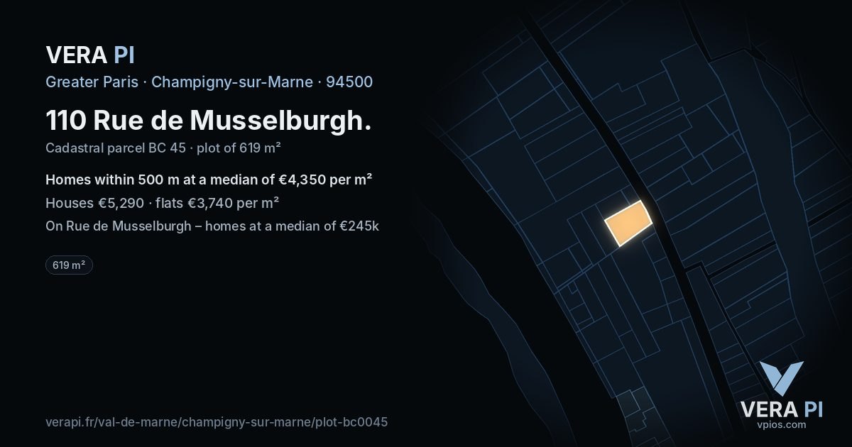 110 Rue de Musselburgh, Champigny-sur-Marne at night – the plot lit, the parcels around coloured by the prices near them